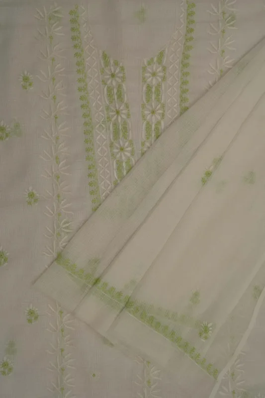 Srajann Hand Embroided white Kota Lucknowi Chikankari Unstitched Kurta Dupatta Set