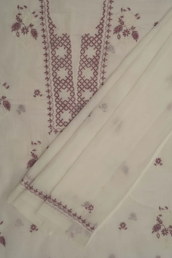 Srajann Hand Embroided white Kota Lucknowi Chikankari Unstitched Kurta Dupatta Set