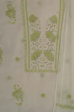 Srajann Hand Embroided Lemon Kota Lucknowi Chikankari Unstitched Kurta Dupatta Set