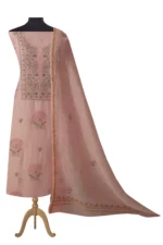 Srajann Hand Embroided Pink Linen Lucknowi Chikankari Unstitched Kurta Dupatta Set (SLC1532) - Image 9