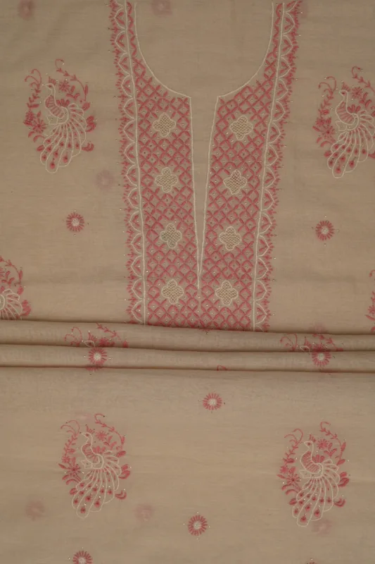 Srajann Hand Embroided Fawn Tissue Lucknowi Chikankari Unstitched Kurta Dupatta Set