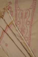 Srajann Hand Embroided Fawn Tissue Lucknowi Chikankari Unstitched Kurta Dupatta Set