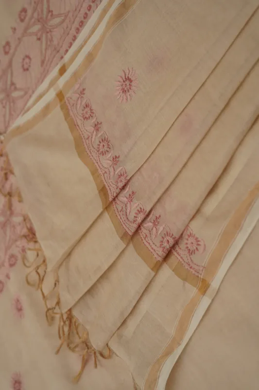 Srajann Hand Embroided Fawn Tissue Lucknowi Chikankari Unstitched Kurta Dupatta Set