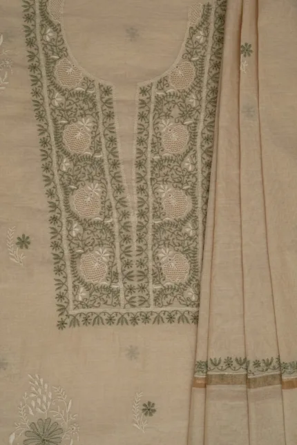 Srajann Hand Embroided Fawn Tissue Lucknowi Chikankari Unstitched Kurta Dupatta Set