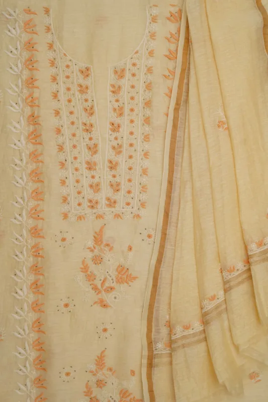 Srajann Hand Embroided Fawn Linen Lucknowi Chikankari Unstitched Kurta Dupatta Set