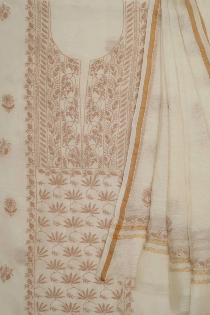 Srajann Hand Embroided Fawn Linen Lucknowi Chikankari Unstitched Kurta Dupatta Set
