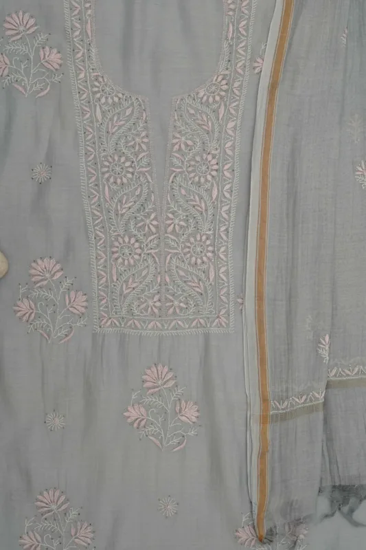 Srajann Hand Embroidered Mal Chanderi Lucknowi Chikankari Unstitched Kurta With Dupatta