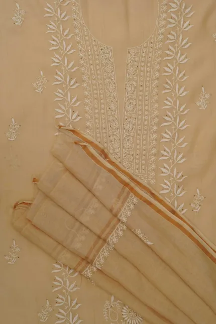Srajann Hand Embroidered Pure Chanderi Lucknowi Chikankari Unstitched Kurta With Dupatta