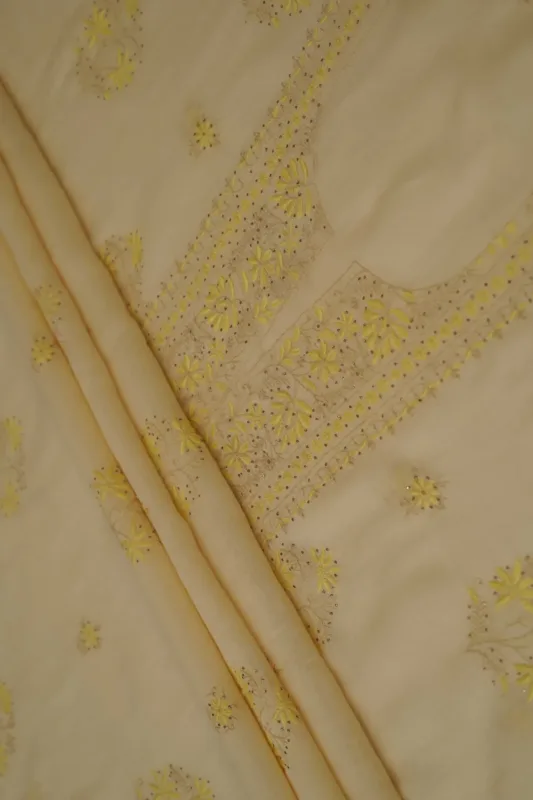 Srajann Hand Embroidered Mal Chanderi Lucknowi Chikankari Unstitched Kurta With Dupatta
