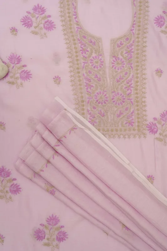 Srajann Hand Embroidered Mal Chanderi Lucknowi Chikankari Unstitched Kurta With Dupatta