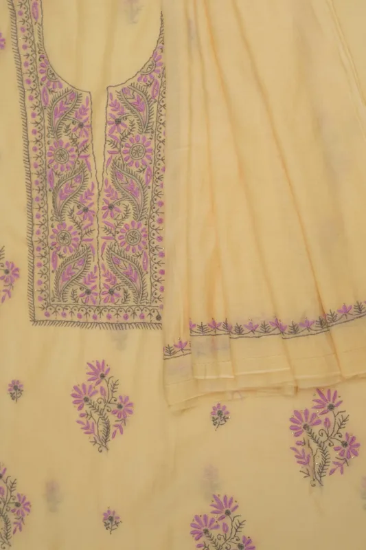 Srajann Hand Embroidered Mal Chanderi Lucknowi Chikankari Unstitched Kurta With Dupatta