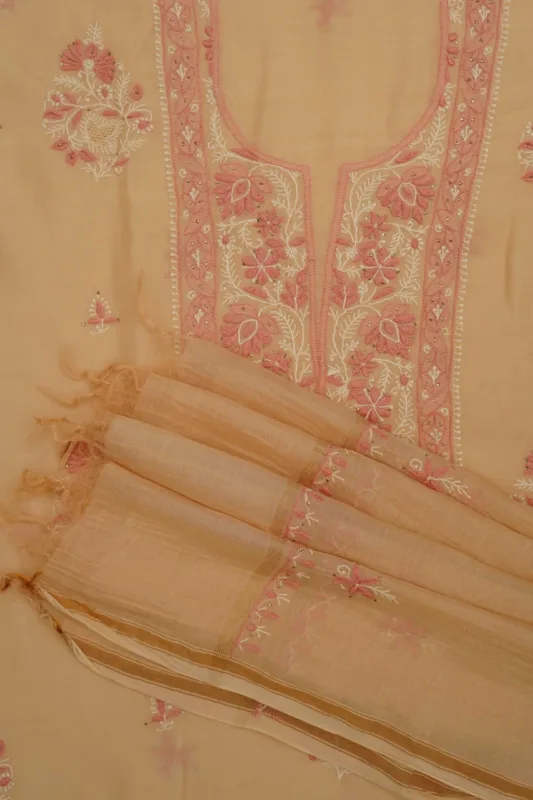 Srajann Hand Embroidered Mal Chanderi Lucknowi Chikankari Unstitched Kurta With Dupatta