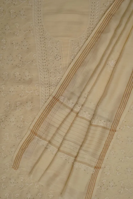 Srajann Hand Embroidered Monga Silk Lucknowi Chikankari Unstitched Kurta With Dupatta