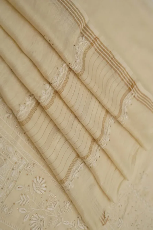 Srajann Hand Embroidered Monga Silk Lucknowi Chikankari Unstitched Kurta With Dupatta