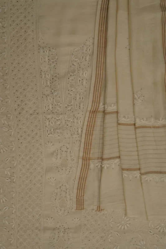 Srajann Hand Embroidered Monga Silk Lucknowi Chikankari Unstitched Kurta With Dupatta