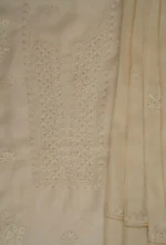 Srajann Hand Embroided Fawn Kota Lucknowi Chikankari Unstitched Kurta Dupatta Set
