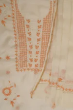 Srajann Hand Embroided Fawn Kota Lucknowi Chikankari Unstitched Kurta Dupatta Set