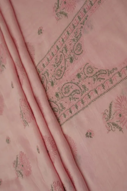 Srajann Hand Embroided Pink Linen Lucknowi Chikankari Unstitched Kurta Dupatta Set