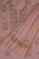 Srajann Hand Embroided Pink Linen Lucknowi Chikankari Unstitched Kurta Dupatta Set (SLC1532) - Image 2