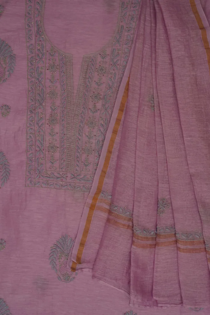 Srajann Hand Embroided Purple Linen Lucknowi Chikankari Unstitched Kurta Dupatta Set