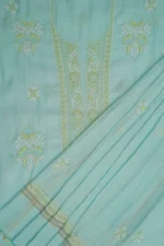 Srajann Hand Embroided Blue Mul Chanderi Lucknowi Chikankari Unstitched Kurta Dupatta Set