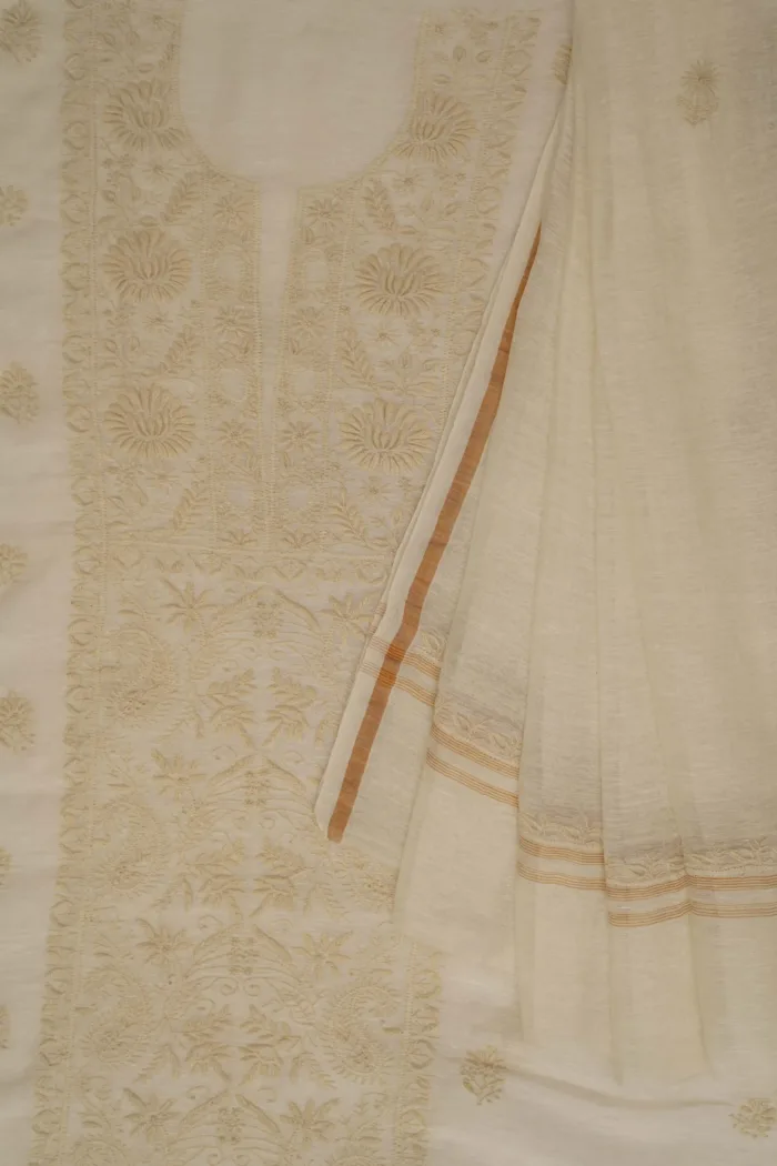 Srajann Hand Embroided white Linen Lucknowi Chikankari Unstitched Kurta Dupatta Set
