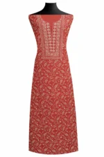 Srajann Hand Embroided Red Maheshwari Lucknowi Chikankari Unstitched Kurta Dupatta Set (SLC1799) - Image 2