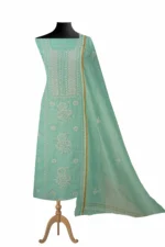 Srajann Hand Embroided Sea Green Mul Chanderi Lucknowi Chikankari Unstitched Kurta Dupatta Set (SLC1716) - Image 2