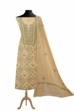 Srajann Hand Embroided Fawn Maheshwari Lucknowi Chikankari Unstitched Kurta Dupatta Set (SLC1770) - Image 2