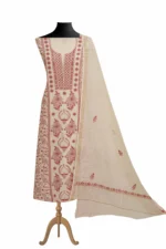 Srajann Hand Embroided white Maheshwari Lucknowi Chikankari Unstitched Kurta Dupatta Set (SLC1800) - Image 2