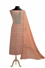 Srajann Hand Embroided Peach Maheshwari Lucknowi Chikankari Unstitched Kurta Dupatta Set (SLC1774) - Image 2