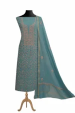 Srajann Hand Embroided Blue Maheshwari Lucknowi Chikankari Unstitched Kurta Dupatta Set (SLC1788) - Image 2