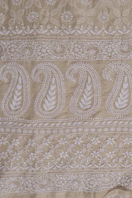 Srajann Hand Embroidered Fawn Khadi Lucknowi Chikankari Unstitched Men's Kurta Piece