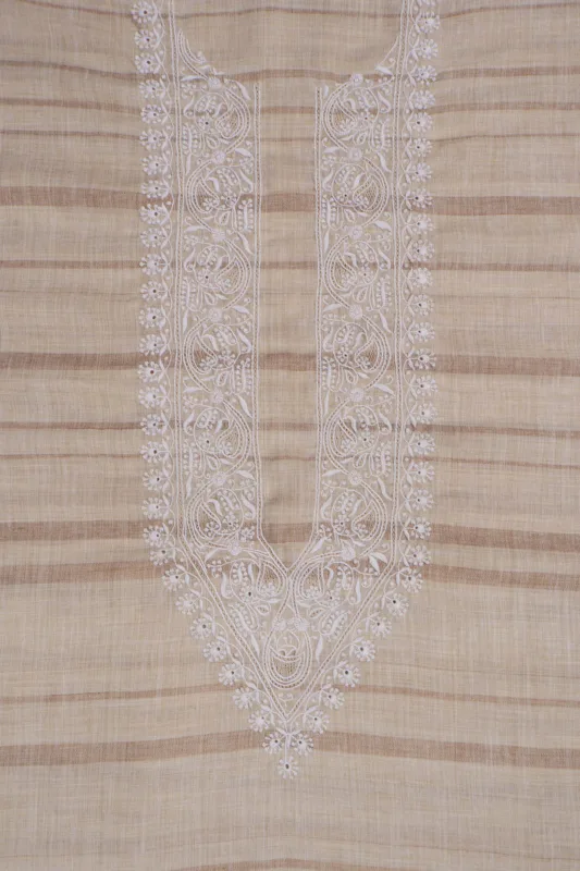 Srajann Hand Embroidered Fawn Khadi Lucknowi Chikankari Unstitched Men's Kurta Piece