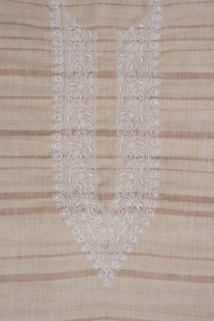 Srajann Hand Embroidered Fawn Khadi Lucknowi Chikankari Unstitched Men's Kurta Piece