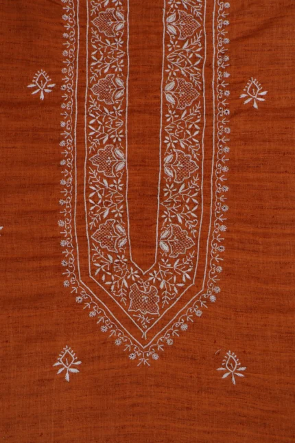 Srajann Hand Embroidered Burnt Orange Khadi Lucknowi Chikankari Unstitched Men's Kurta Piece