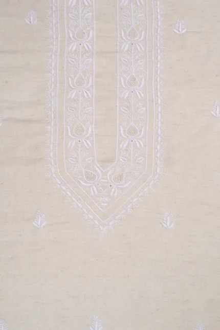 Srajann Hand Embroidered Cream Khadi Lucknowi Chikankari Unstitched Men's Kurta Piece