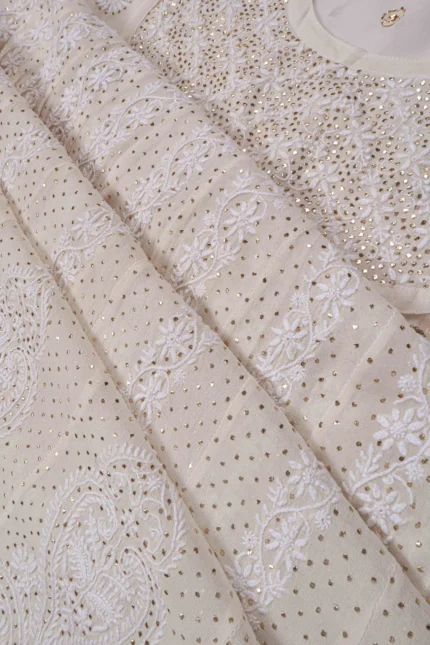 Srajann Hand Embellishment Anarkali Pure Georgette Mukaish Work With Lucknow Chikankari Unstitched Suit