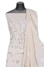 Srajann Hand Embroided White Pure Georgette Lucknowi Chikankari Unstitched Kurta Dupatta Set (SLC1209) - Image 4