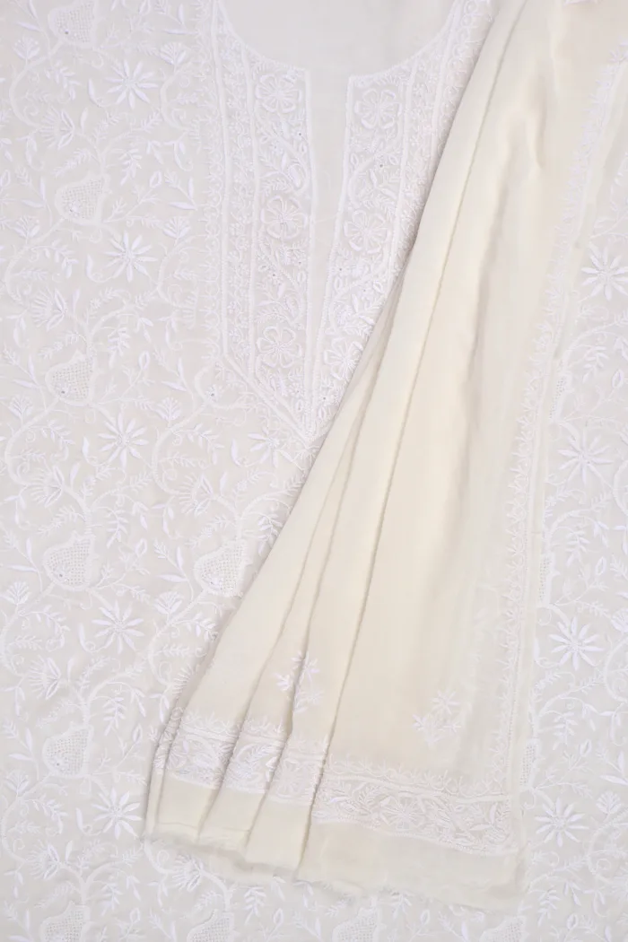 Srajann Hand Embroided White Pure Georgette Lucknowi Chikankari Unstitched Kurta Dupatta Set