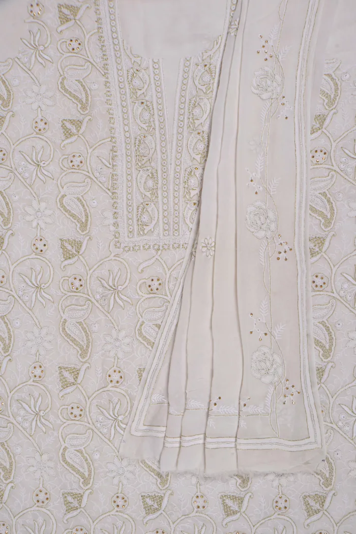 Srajann Hand Embroided White Pure Georgette Lucknowi Chikankari Unstitched Kurta Dupatta Set