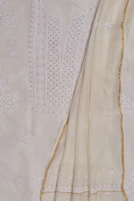 Srajann Hand Embroided white Kota Silk Lucknowi Chikankari Unstitched Kurta Dupatta Set