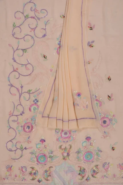 Srajann Hand Embroided Peach Pure Georgette Lucknowi Chikankari Unstitched Kurta Dupatta Set