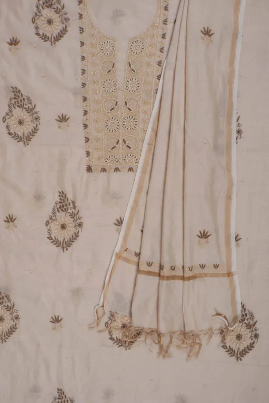Srajann Hand Embellishment Beige Tissue Silk Lucknowi Chikankari Unstitched Suit Dupatta Set