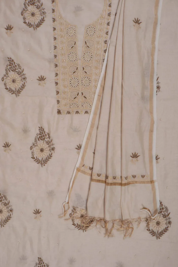 Srajann Hand Embellishment Beige Tissue Silk Lucknowi Chikankari Unstitched Suit Dupatta Set