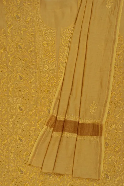 Srajann Hand Embroided Yellow Tissue Lucknowi Chikankari Unstitched Kurta Dupatta Set