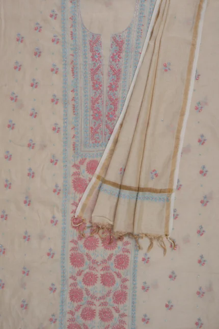 Srajann Hand Embroided Fawn Tissue Lucknowi Chikankari Unstitched Kurta Dupatta Set