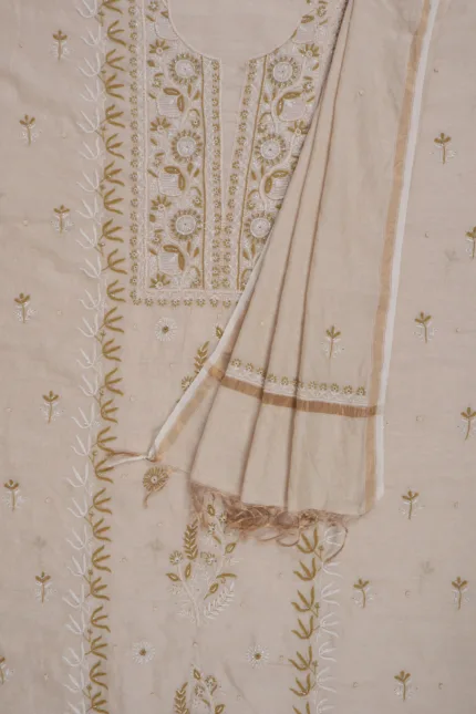 Srajann Hand Embellishment Tissue Silk Lucknowi Chikankari Unstitched Suit Dupatta Set