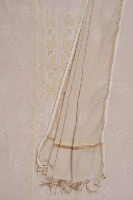 Srajann Hand Embroided Fawn Tissue Lucknowi Chikankari Unstitched Kurta Dupatta Set