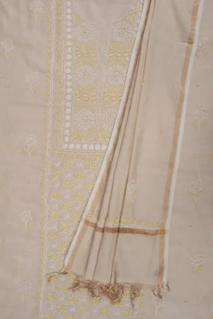 Srajann Hand Embellishment Tissue Silk Lucknowi Chikankari Unstitched Suit Dupatta Set